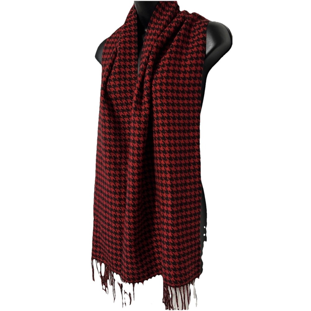 Red Black Houndstooth Check Plaid 64" Winter Wrap Scarf Viscose Cashmere Blend - Picture 5 of 6